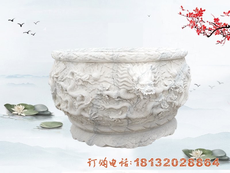 汉白玉荷花缸雕塑 龙浮雕石水缸